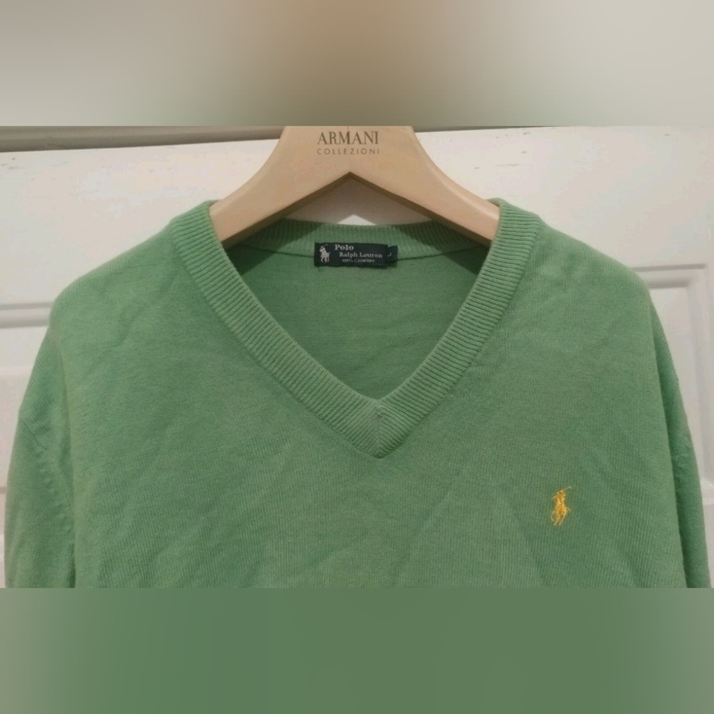POLO RALPH LAUREN MEN'S GREEN CASHMERE V-NECK SWEATER YELLOW PONY  SIZE L